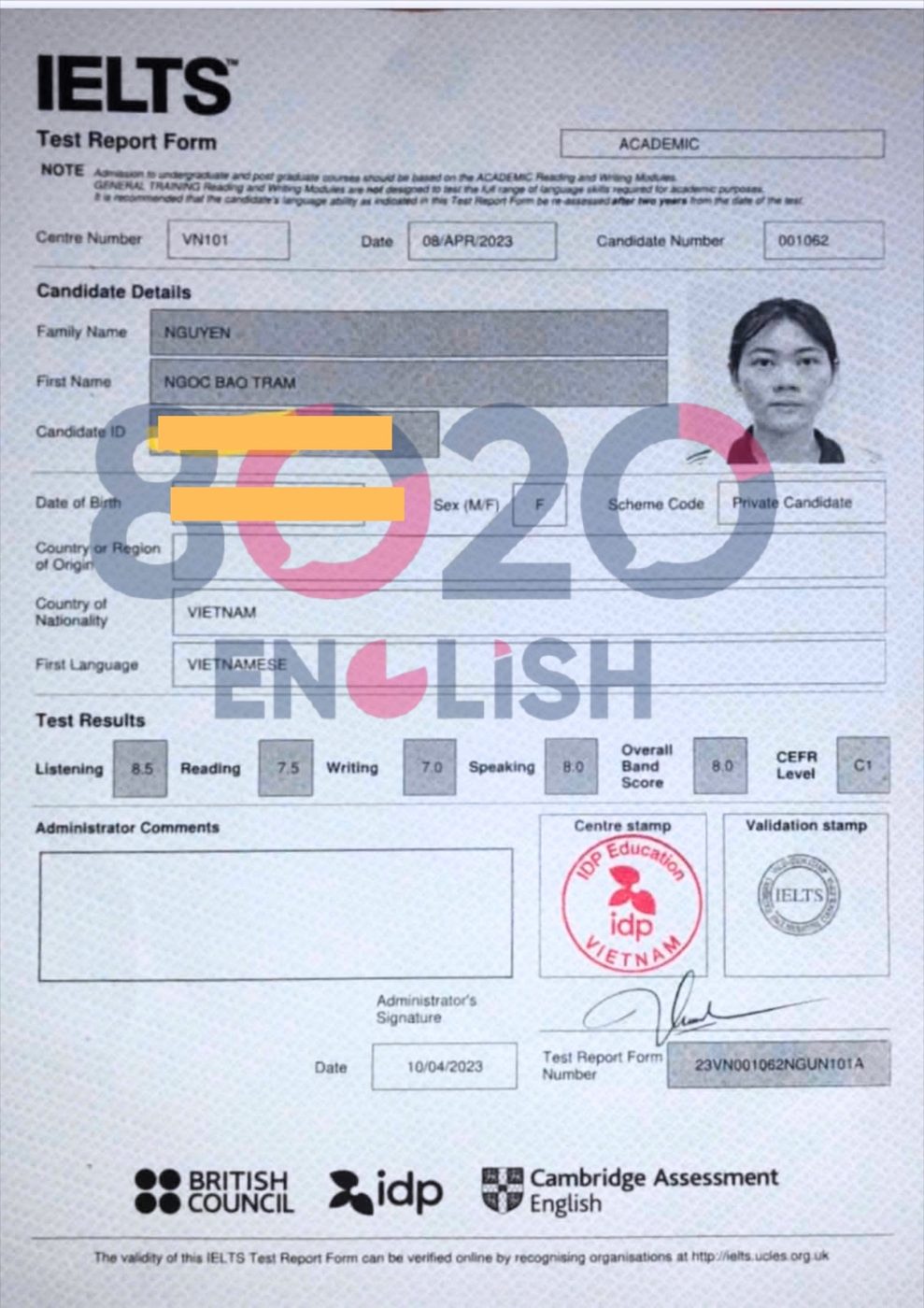 Bằng IELTS 8.0 — học viên 8020